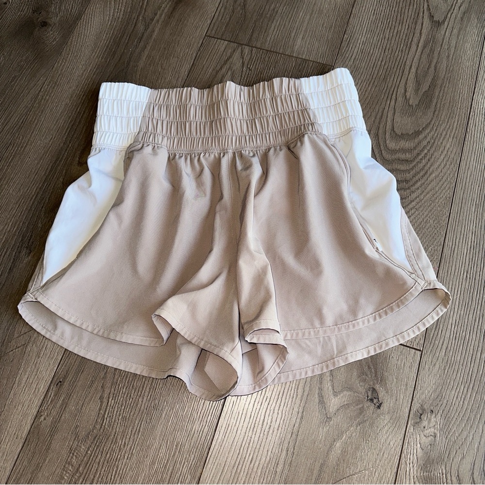 Athletic High-Waist Running Shorts - Beige/White